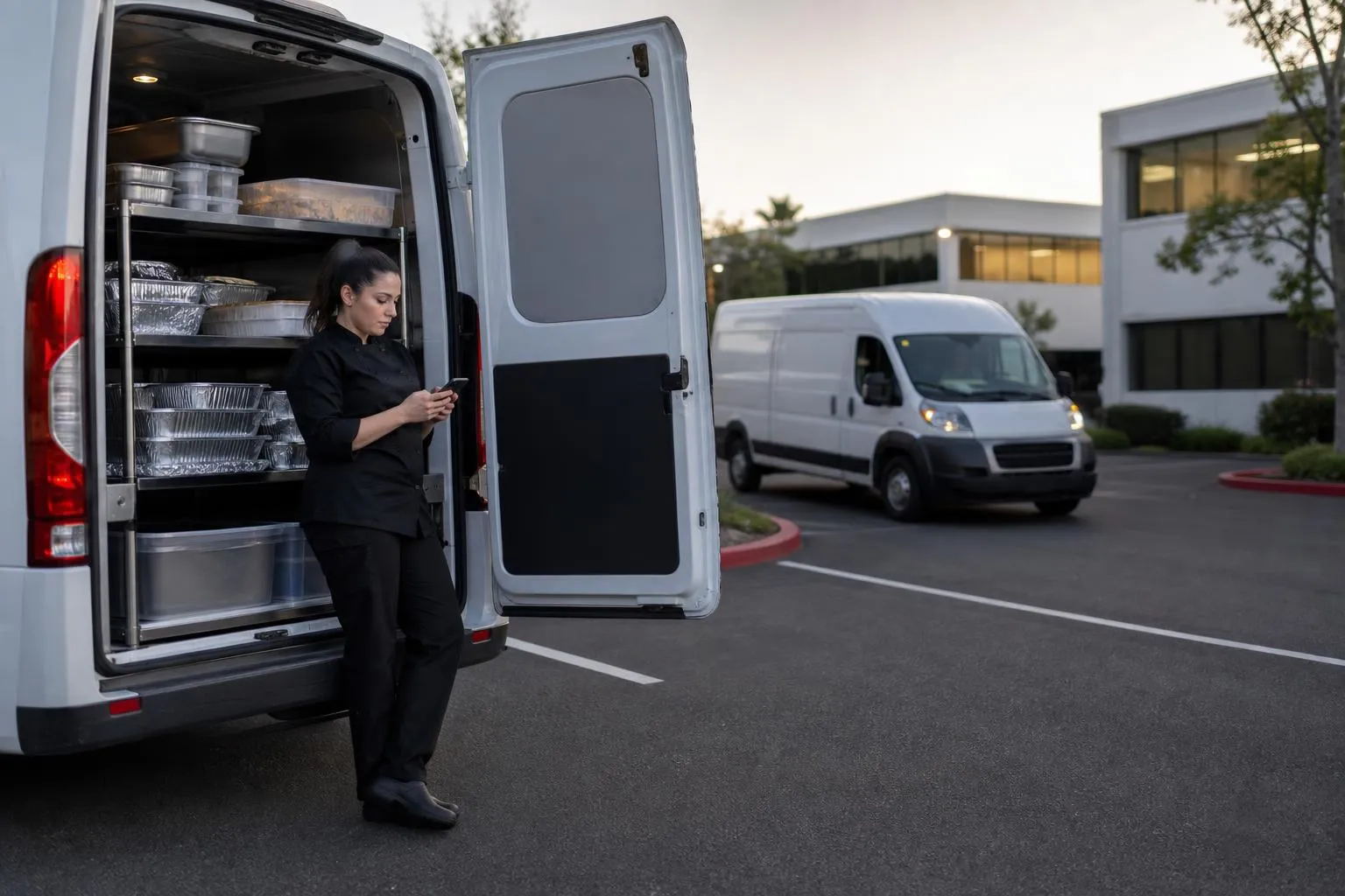 A caterer stands beside a loaded delivery van in a parking lot checking her phone while another catering van pulls into a nearby office complex, in a natural documentary style.