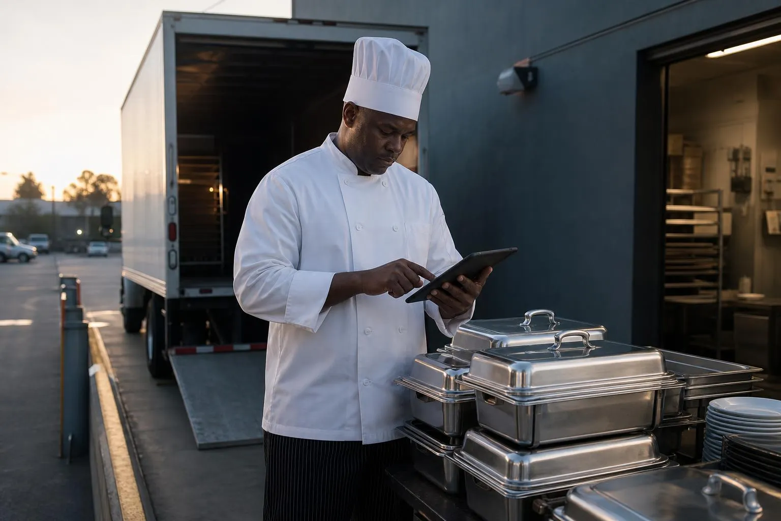 A caterer in chef whites checking a tablet next to stacked chafing dishes in a commercial kitchen loading dock at dawn.
