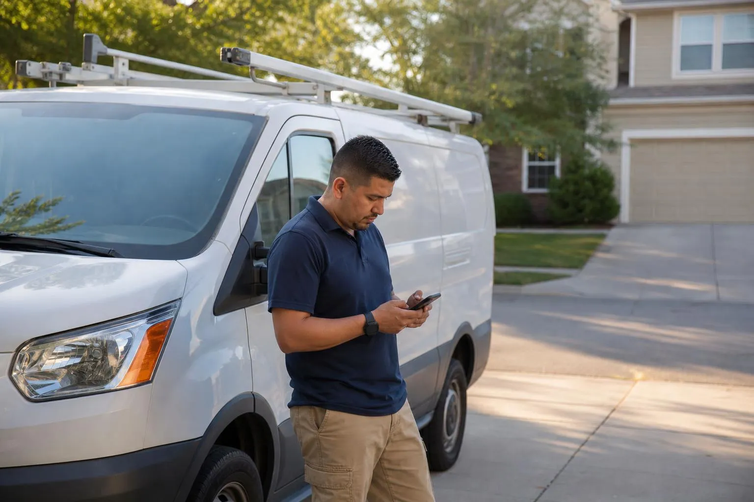 A cleaning business owner stands beside a parked branded van in a driveway checking a phone before a job, in a natural documentary style.