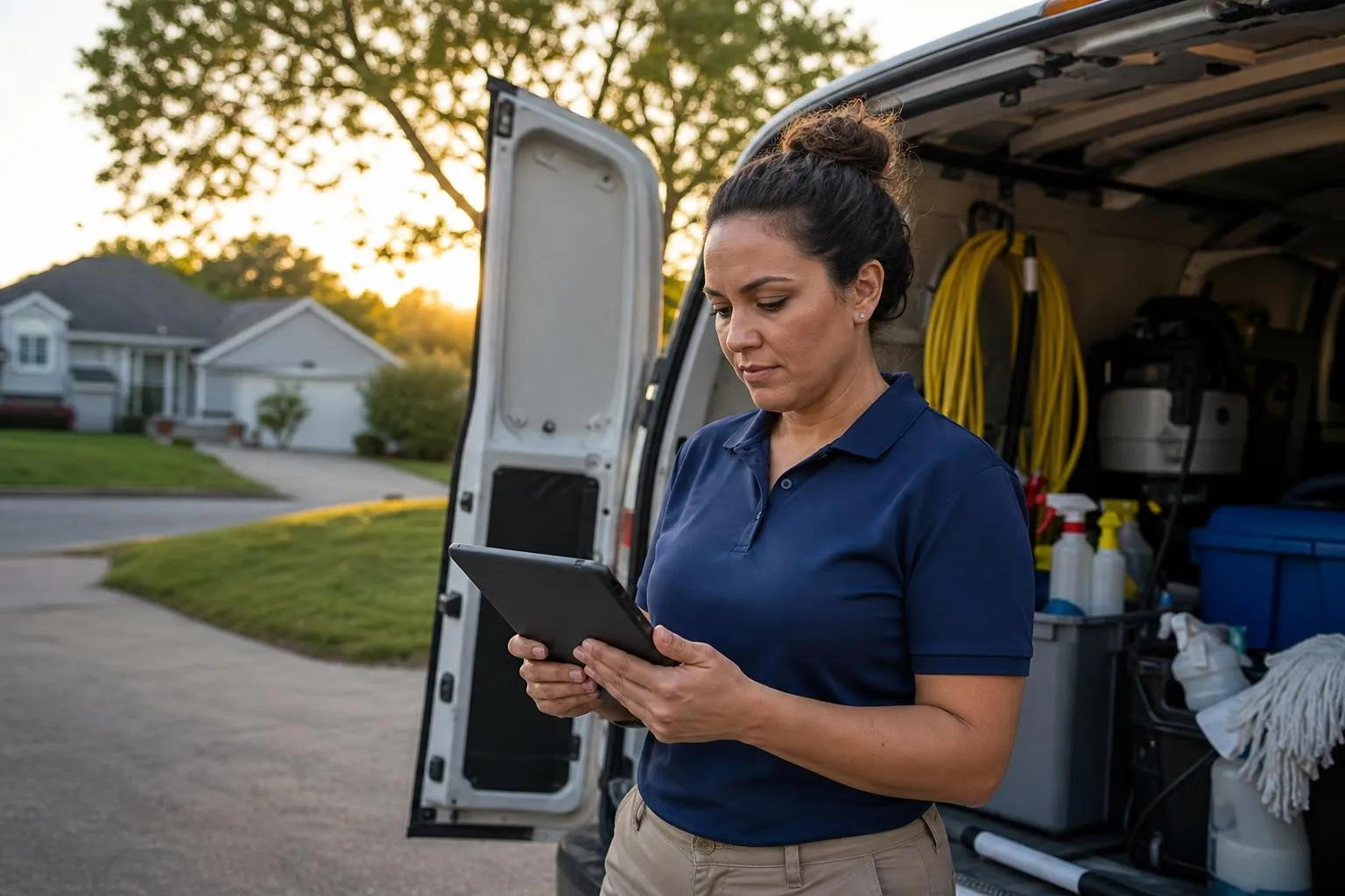 A cleaning company owner checks a mostly empty booking calendar on a tablet in her supply van at the end of the day, in a natural documentary style.