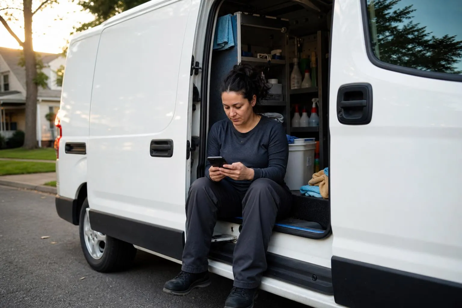 A cleaning business owner sitting in a parked van with cleaning supplies in back, checking her phone at the end of a shift.