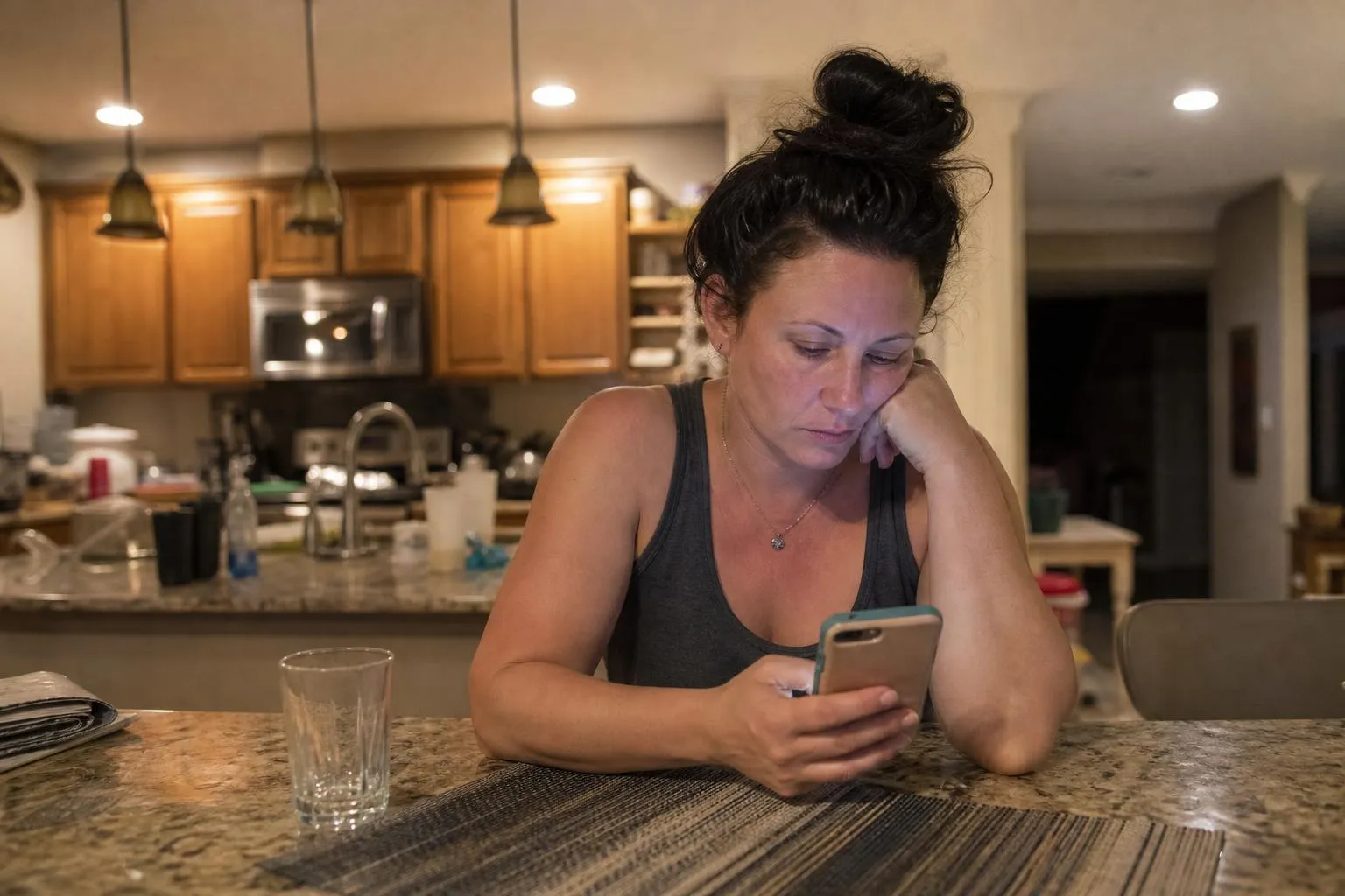 A person sits at a kitchen counter scrolling a phone with cleaning supplies faintly visible on the counter, photographed in a natural documentary style.