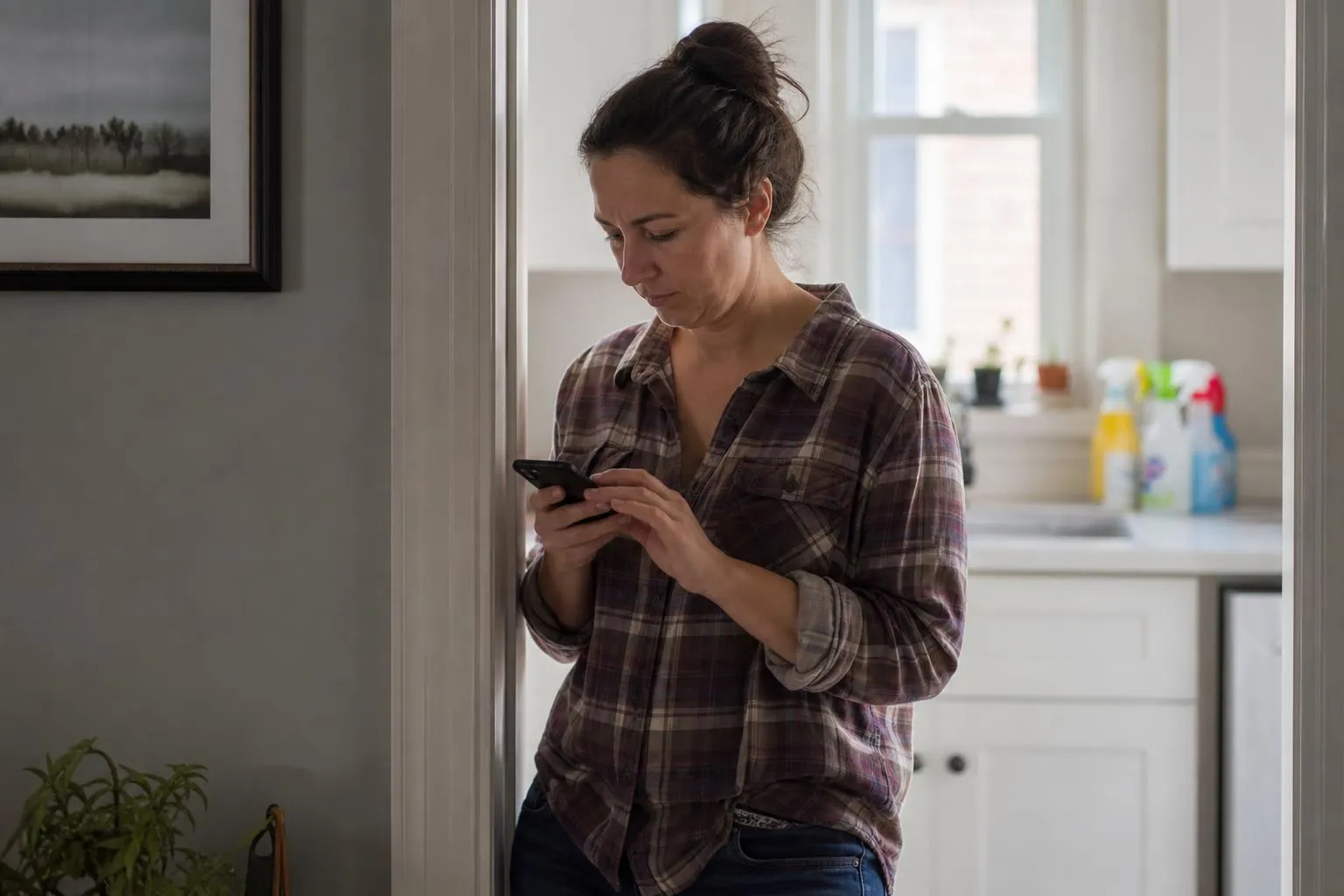 A person stands in a bright kitchen doorway looking at a phone, waiting for a page to load, with cleaning supplies faintly visible nearby in natural light.