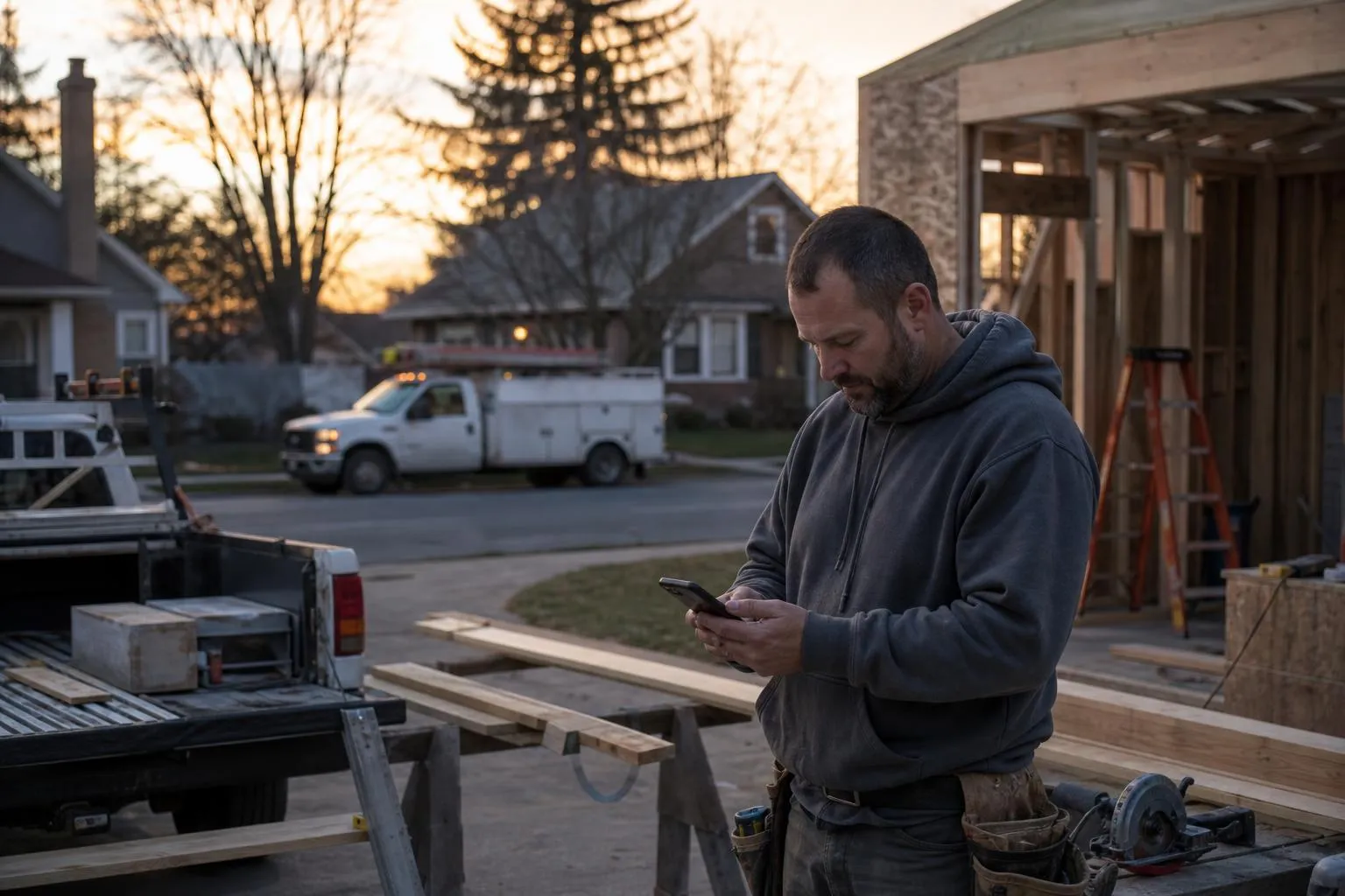 A general contractor stands at a job site checking his phone at dusk while another crew's truck is visible working a project down the street, in a natural documentary style.