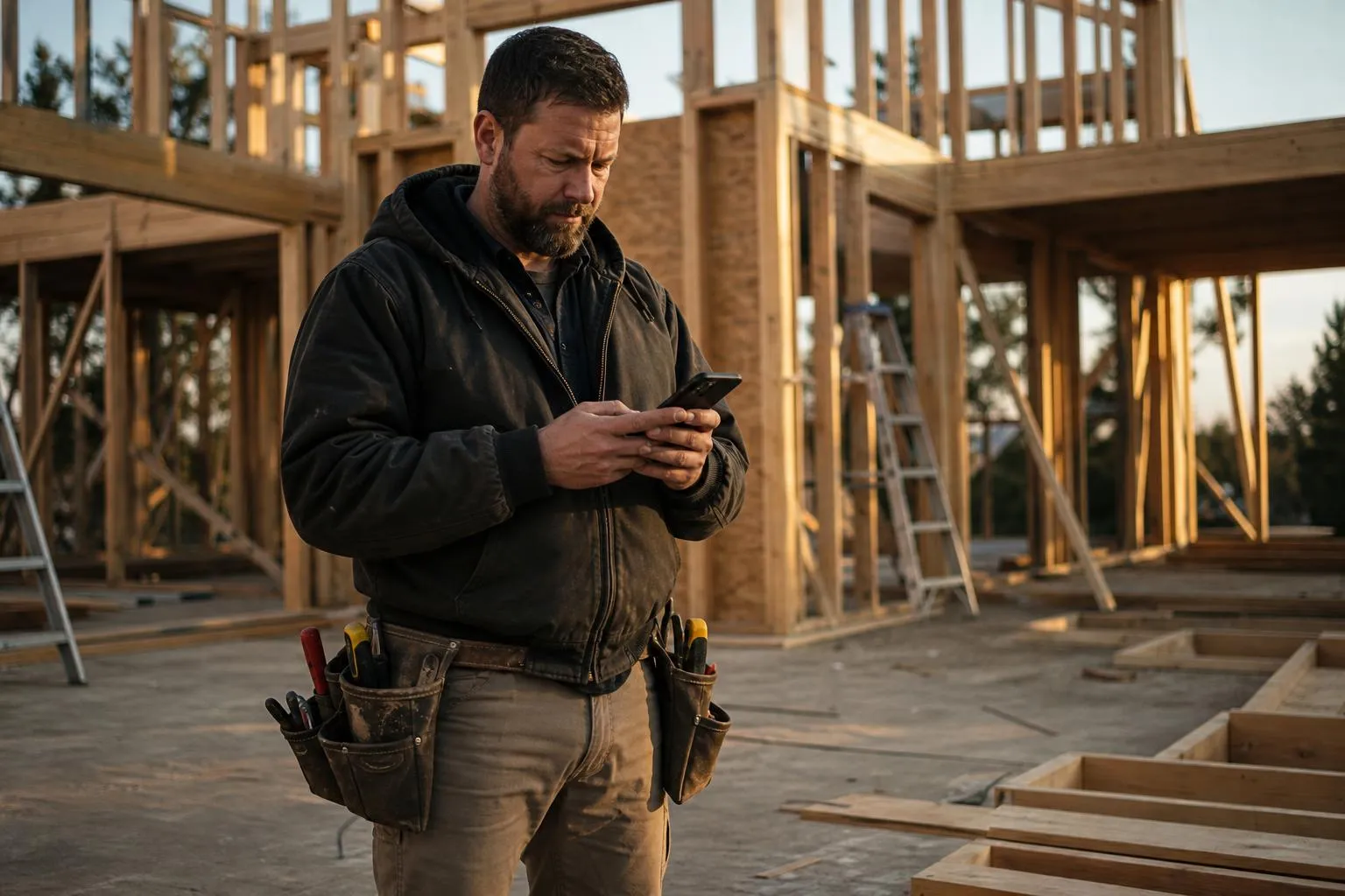 A general contractor standing on a framed jobsite at golden hour, scrolling through photos on his phone.