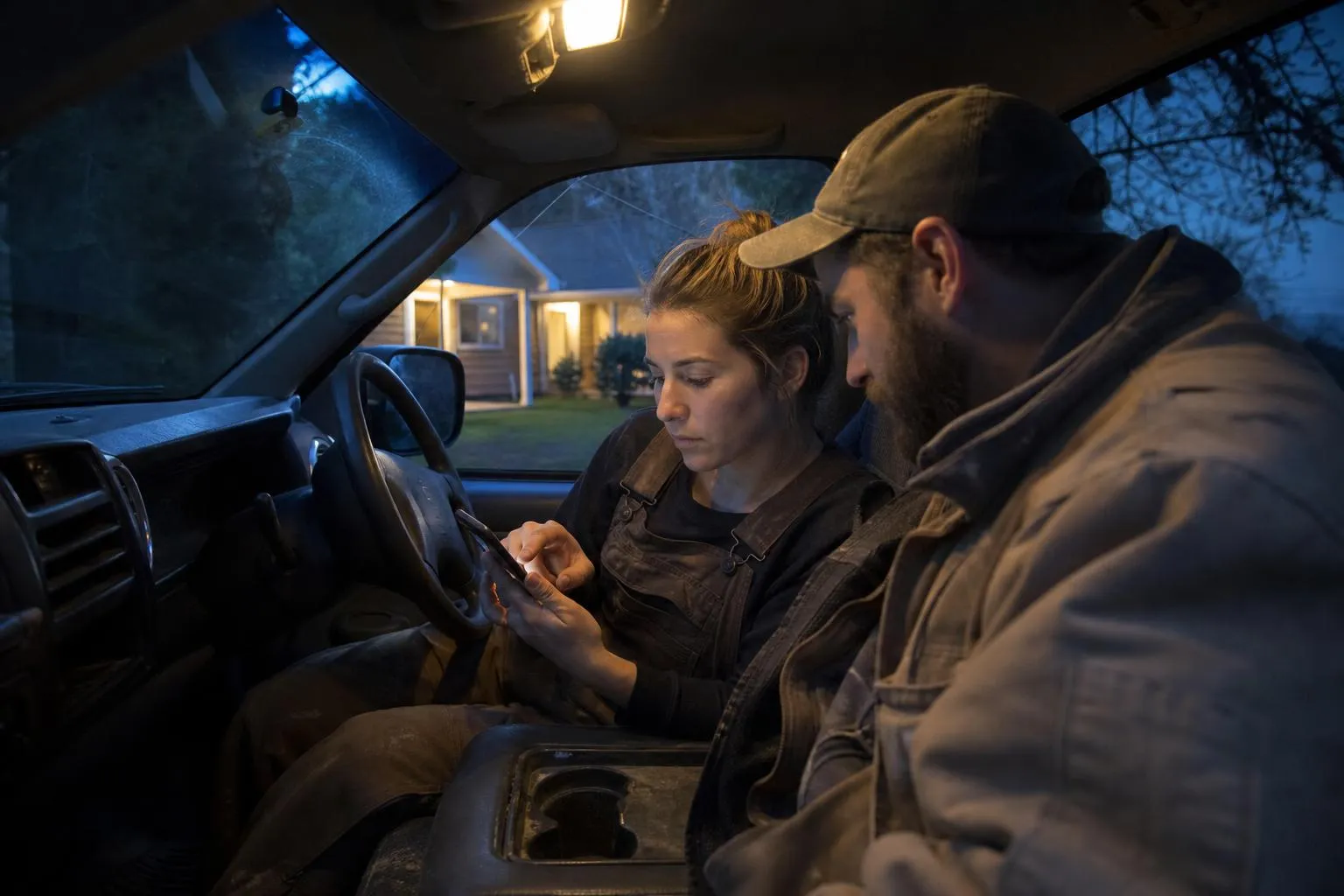 A homeowner sits in a parked car at dusk scrolling a phone, comparing contractor websites before a kitchen remodel, photographed in a natural documentary style.