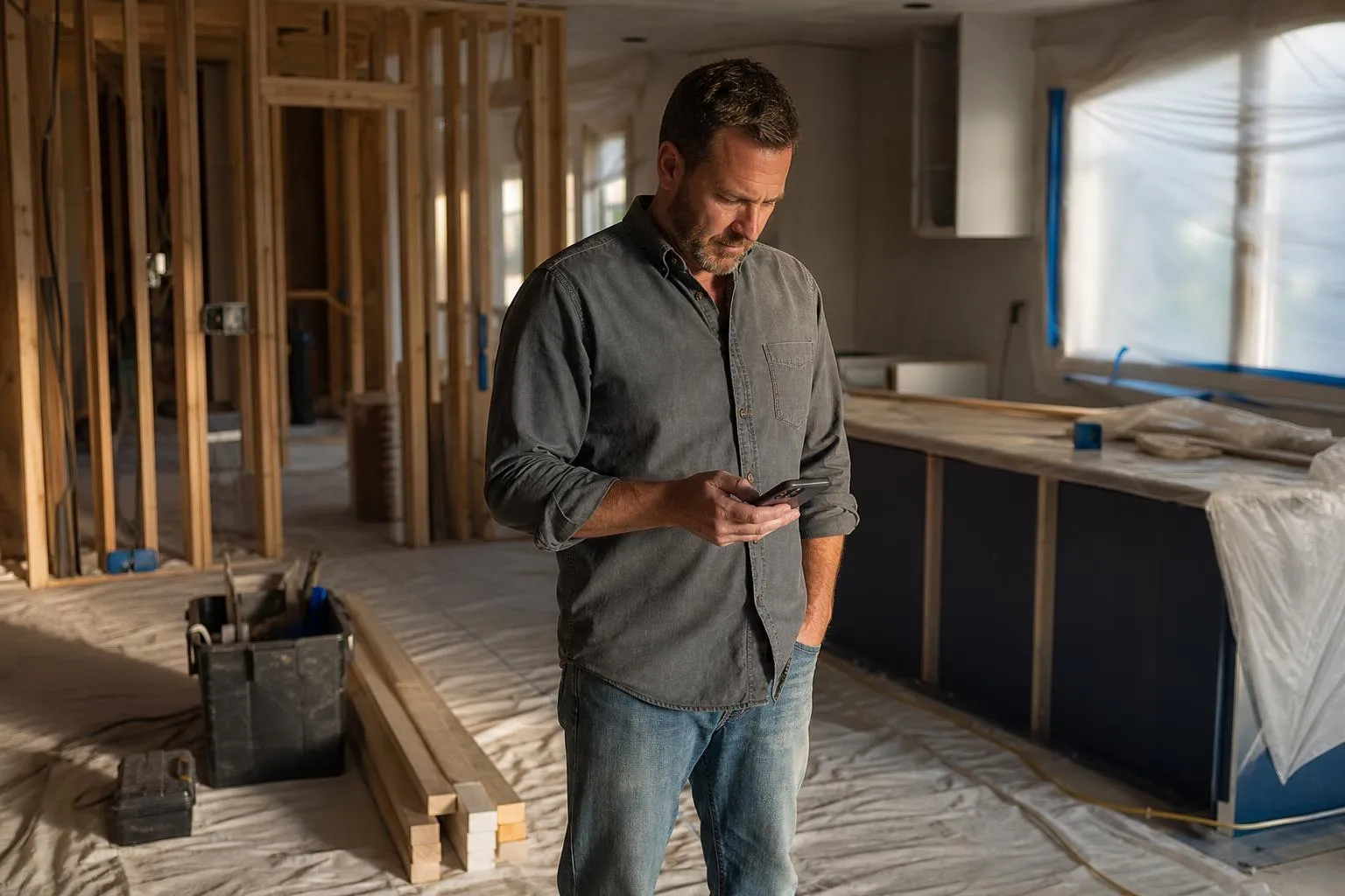A general contractor stands in an unfinished kitchen remodel scrolling his phone, drop cloths and exposed studs around him in late afternoon light.