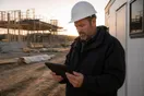 A general contractor stands at a job site trailer studying a slow-loading page on a tablet at sunrise, in a natural documentary style.