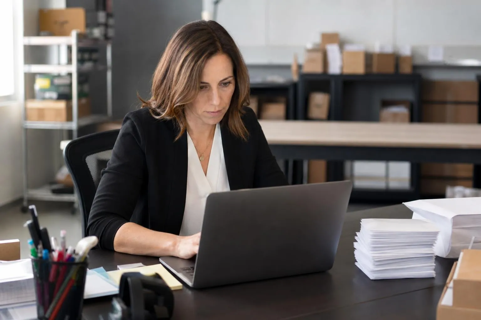 An office manager sits at a desk comparing courier company websites on a laptop with a stack of shipping labels nearby, mid-afternoon office light, documentary style.