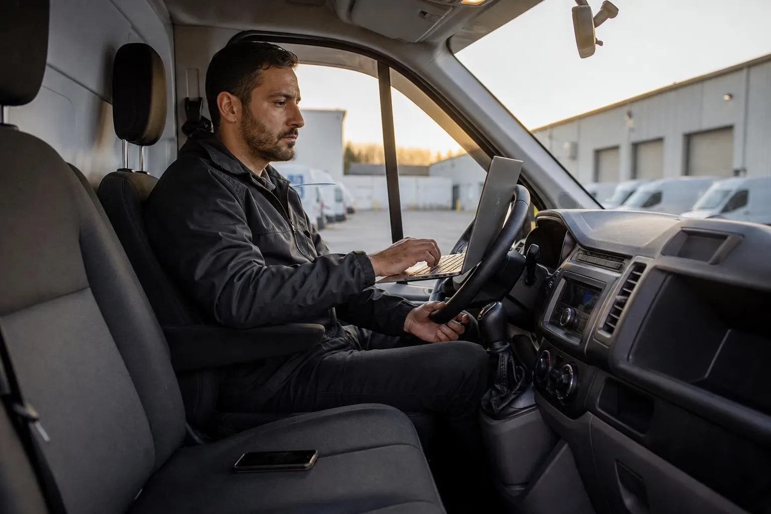 A courier company owner sitting in the driver's seat of a parked cargo van at dusk, phone on the seat, checking a laptop resting on the steering wheel.