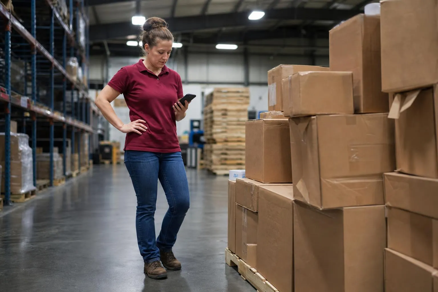 A logistics coordinator stands on a warehouse floor near stacked packages, checking a phone for a same-day courier's website, photographed in a natural documentary style.