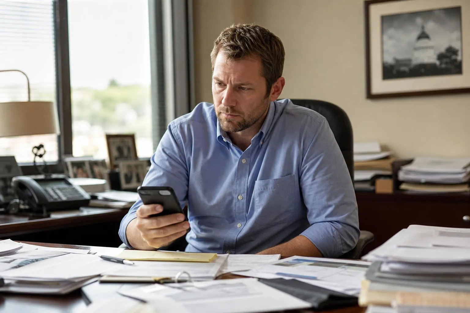 A person in an office reviews a phone screen at a desk cluttered with paperwork, waiting for a courier company's website to load.