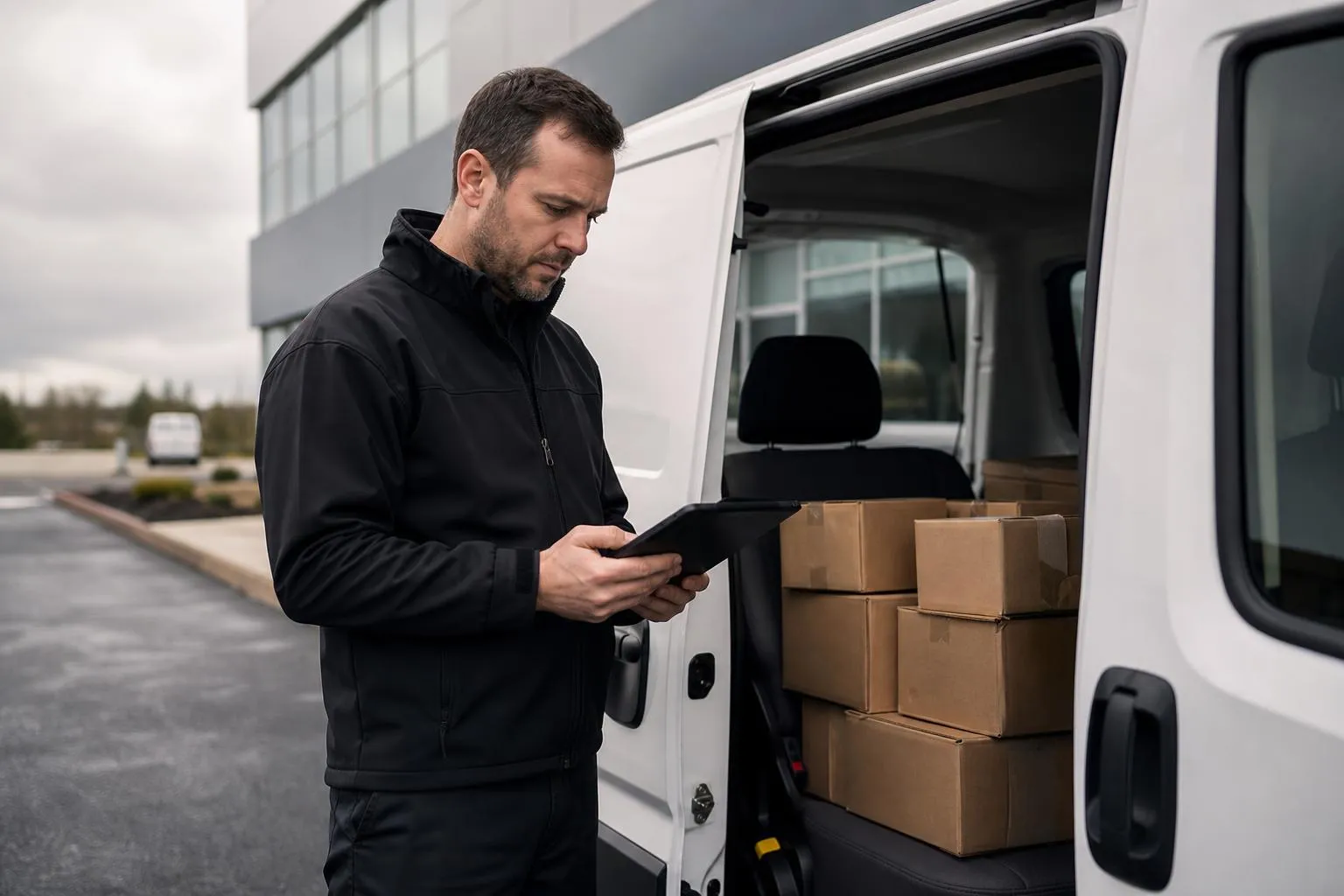 A courier company owner stands beside a parked delivery van checking a slow-loading page on a tablet while a stack of dispatch packages sits on the seat, in a natural documentary style.