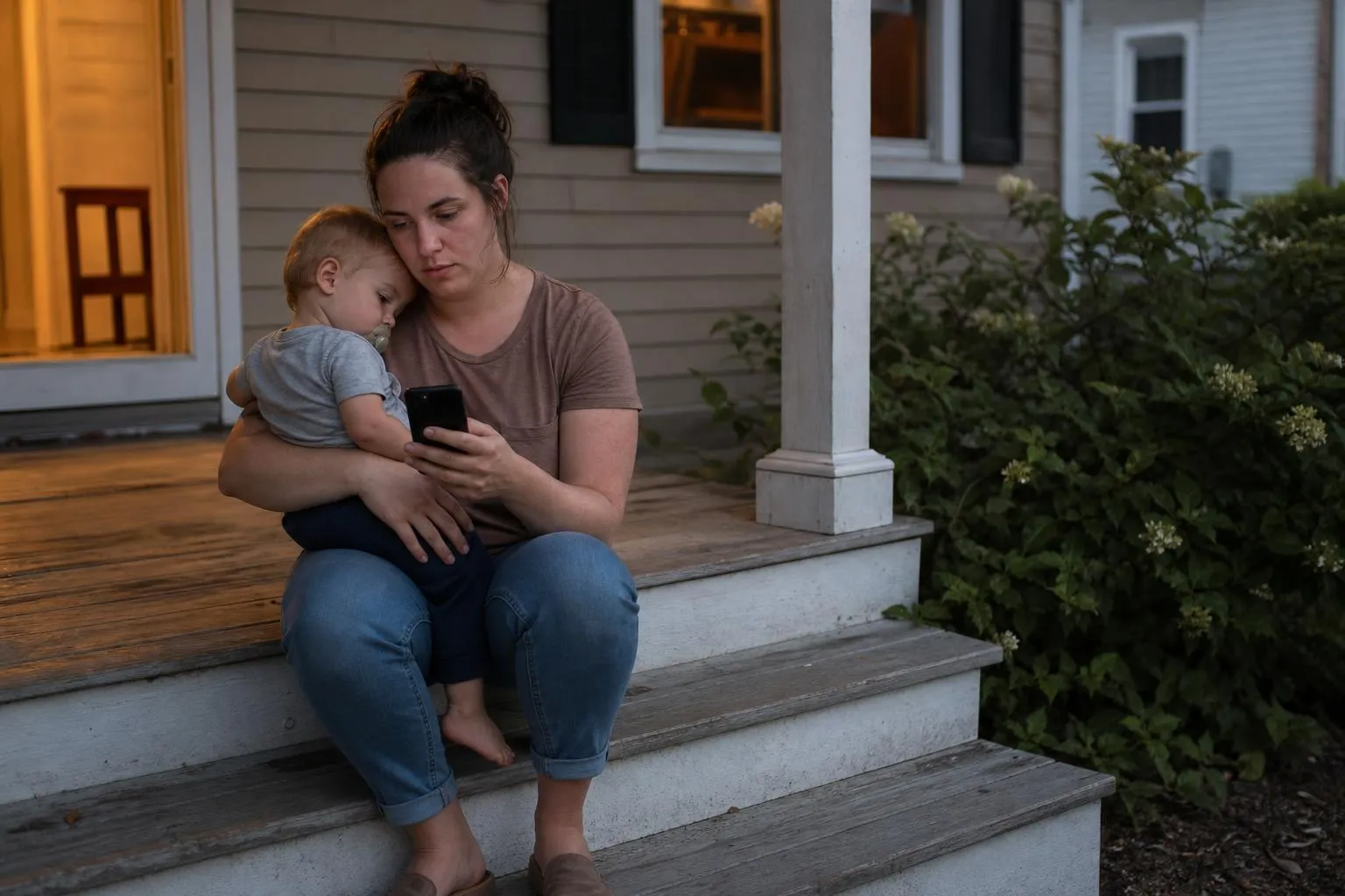 A mother sits on a porch step scrolling her phone with a toddler on her hip, comparing daycare websites in the early evening light, documentary style.