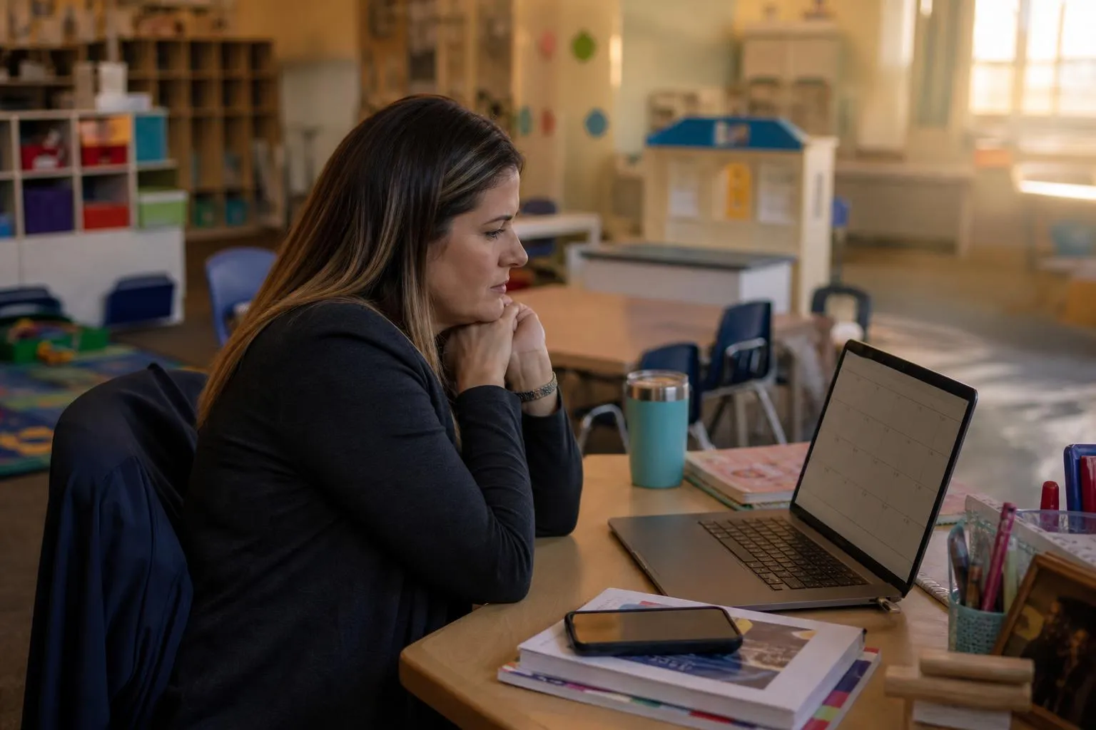 A preschool director sits at her desk after closing, checking an empty tour calendar on a laptop, in a natural documentary style.