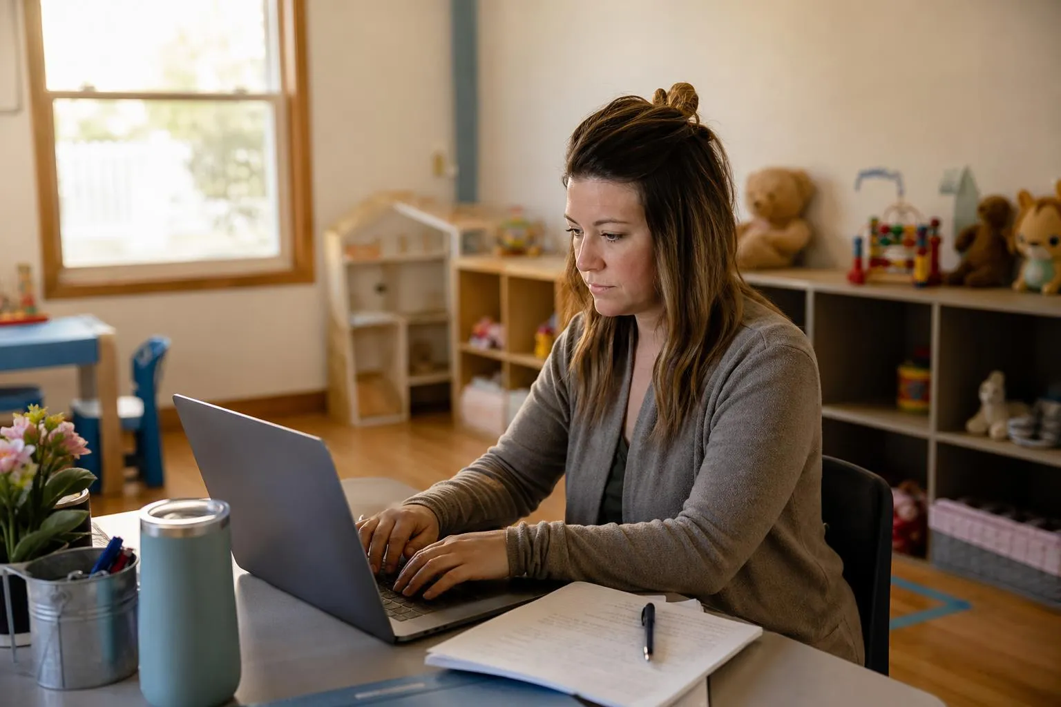 A daycare director at her desk after closing time, toys stacked in the background, typing a follow-up email on a laptop beside a paper waitlist.