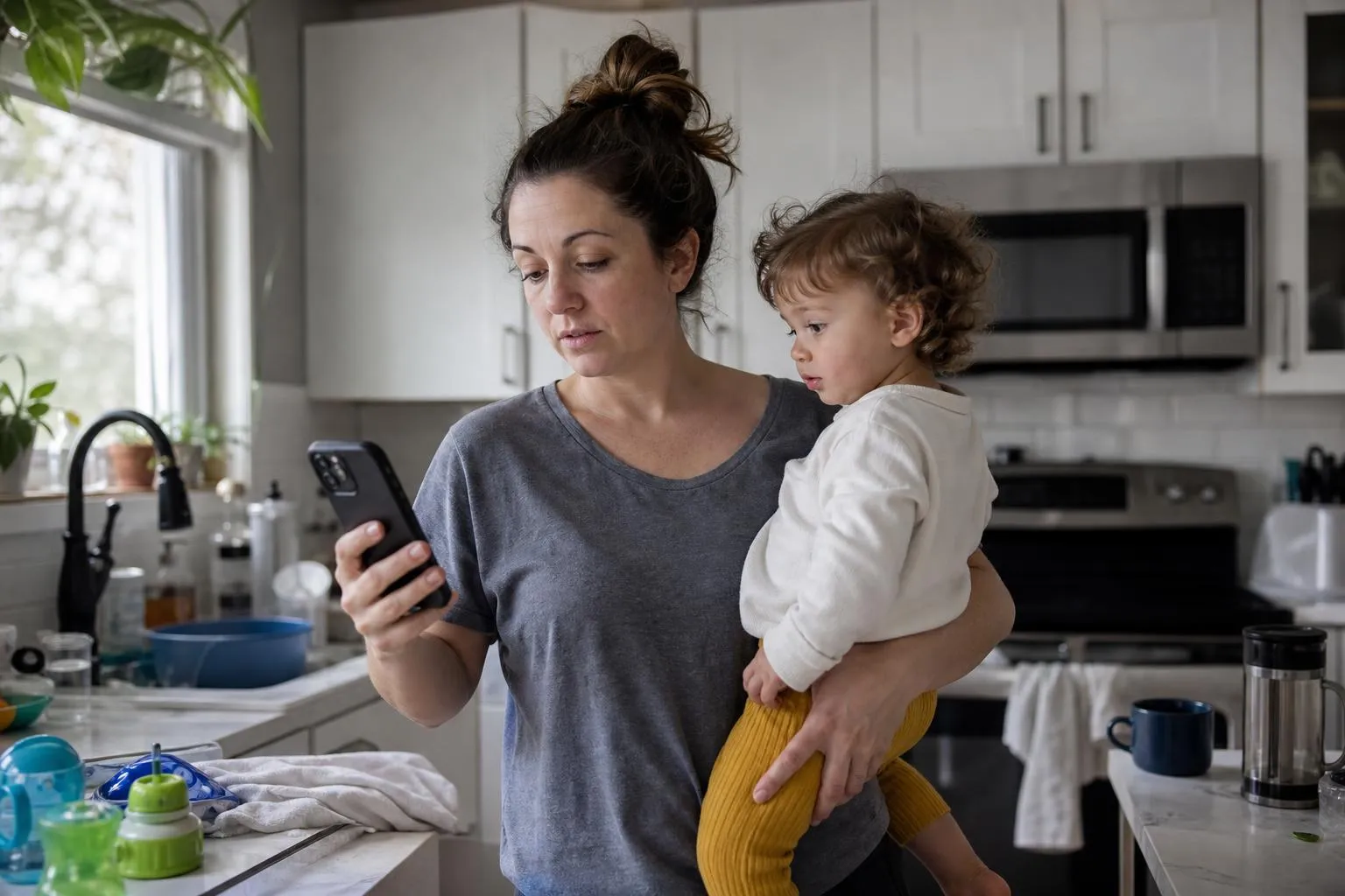 A parent stands in a kitchen holding a toddler on one hip while scrolling a phone with the other hand, waiting for a page to load.