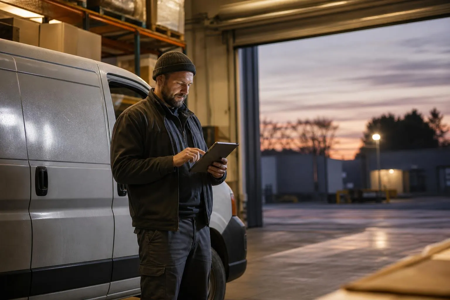 A delivery business owner stands beside a parked van in a warehouse loading bay checking a tablet at dusk, in a natural documentary style.
