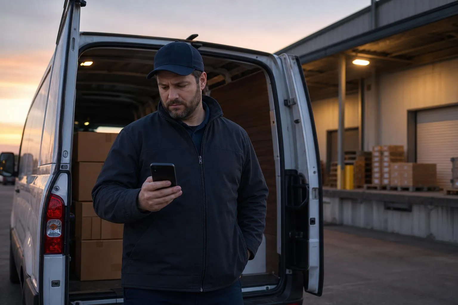 A delivery company owner standing beside his cargo van at a loading dock at dusk, reading an email on his phone.