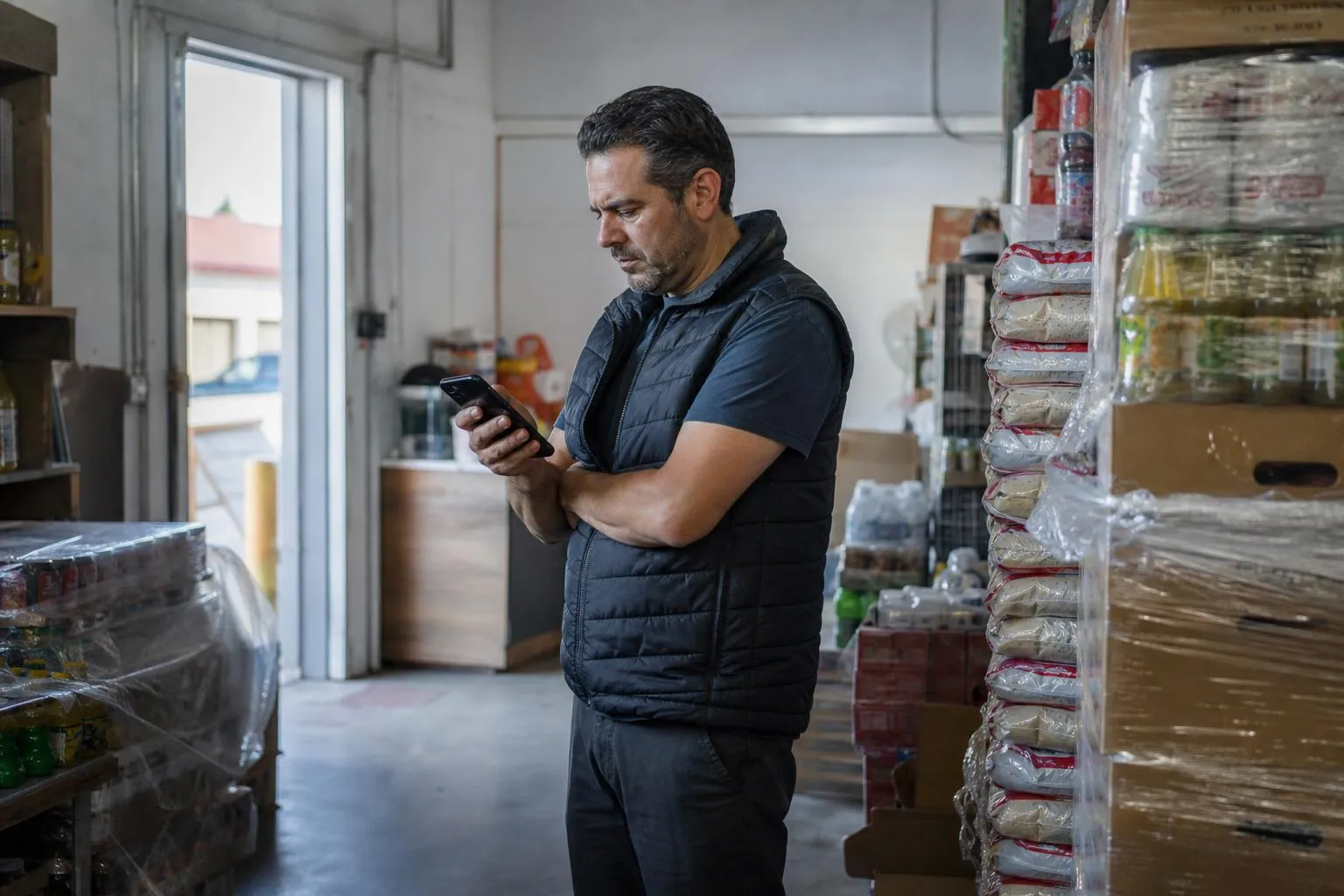 A small shop owner stands in a stockroom checking a phone while comparing last-mile delivery companies, photographed in a natural documentary style.