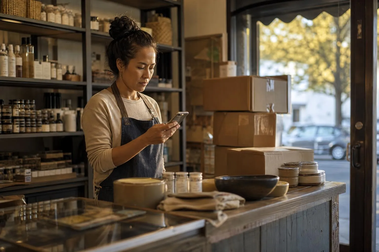 A small shop owner checks a delivery company's website on her phone behind the counter of her store before closing, packages stacked by the door.