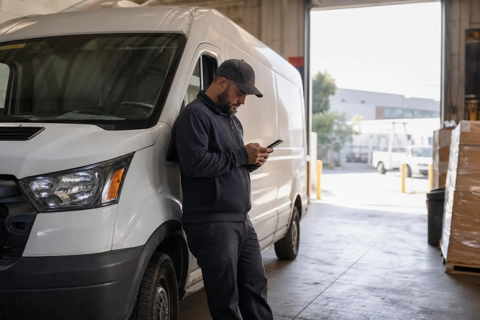A delivery company owner checks his phone next to a parked cargo van in a warehouse loading bay, waiting for a page to load, in natural documentary light.