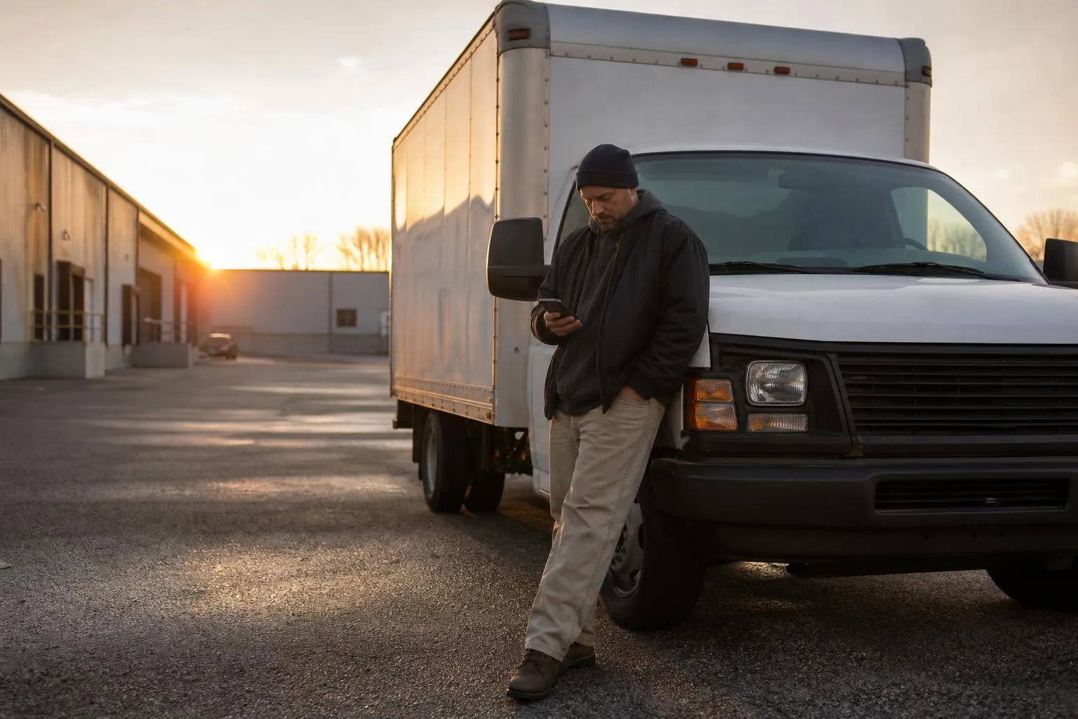 A delivery company owner stands beside a parked box van reviewing a slow-loading page on his phone at dawn, in a natural documentary style.
