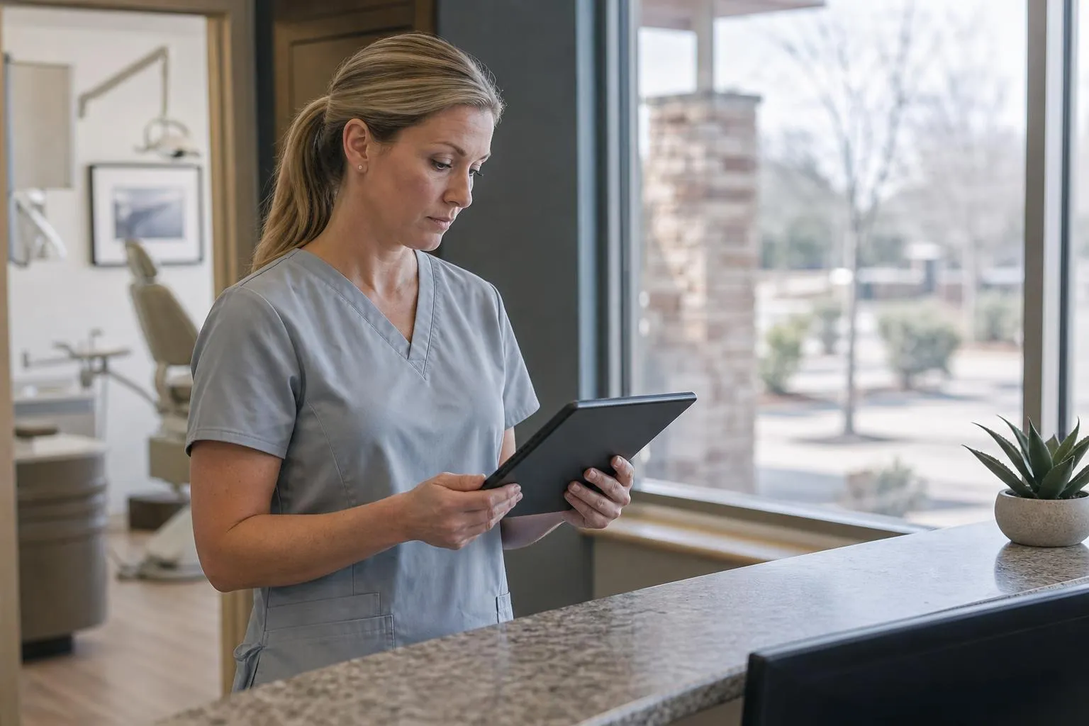 A dentist reviews her empty morning schedule at the front desk before opening hours in a calm, natural documentary style.
