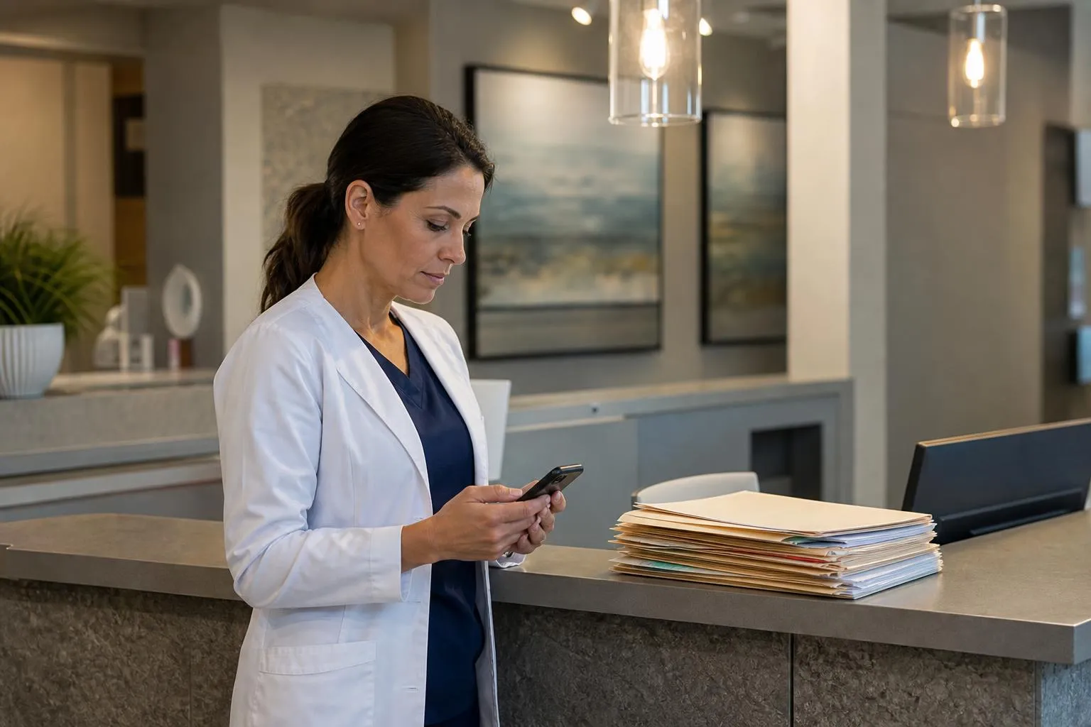 A dentist standing at the front desk after hours, reading a message on her phone beside a stack of patient charts.