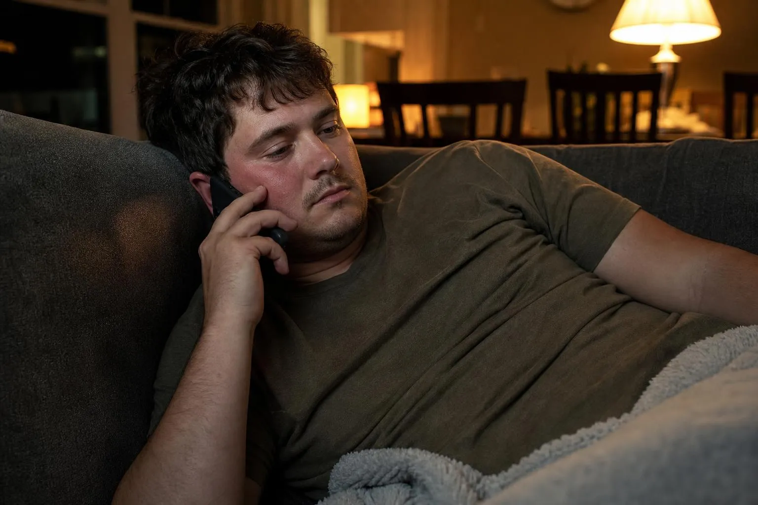A person sits on the edge of a couch late at night holding a phone close to their jaw, photographed in a natural documentary style.