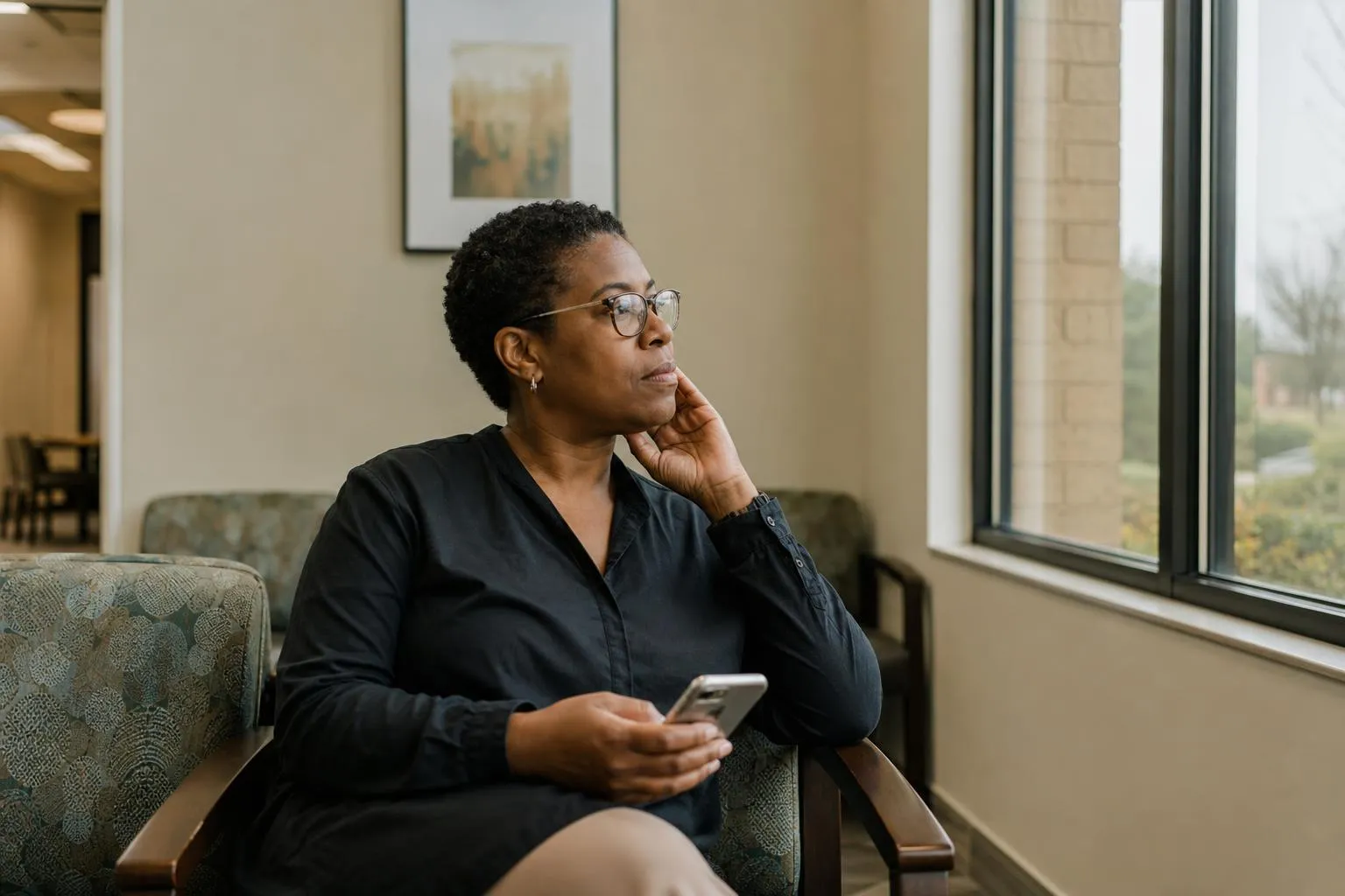 A person sits in a waiting room chair looking at their phone with a hand near their jaw, waiting for a page to load, in soft natural light.
