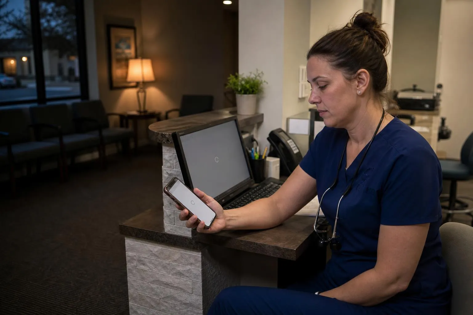 A dentist sits at the front desk after hours, scrolling a slow-loading page on her phone as the waiting room lights dim behind her, in a natural documentary style.