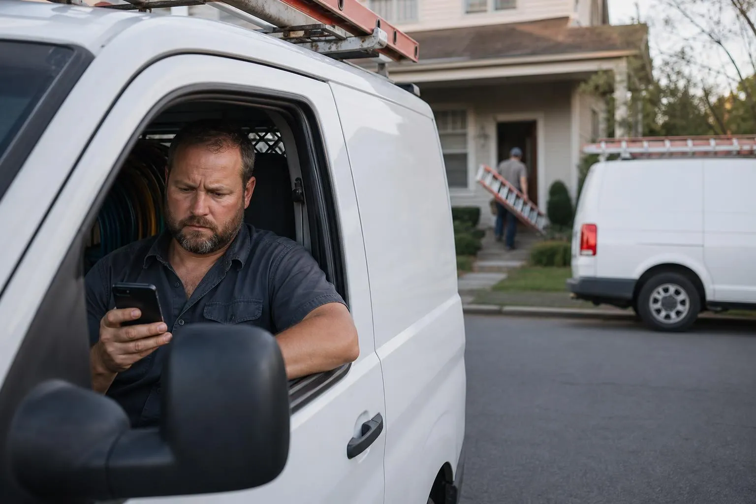 An electrician sits in his parked service van on a suburban street checking his phone while a competitor's van and crew work a job at a house down the block, in a natural documentary style.