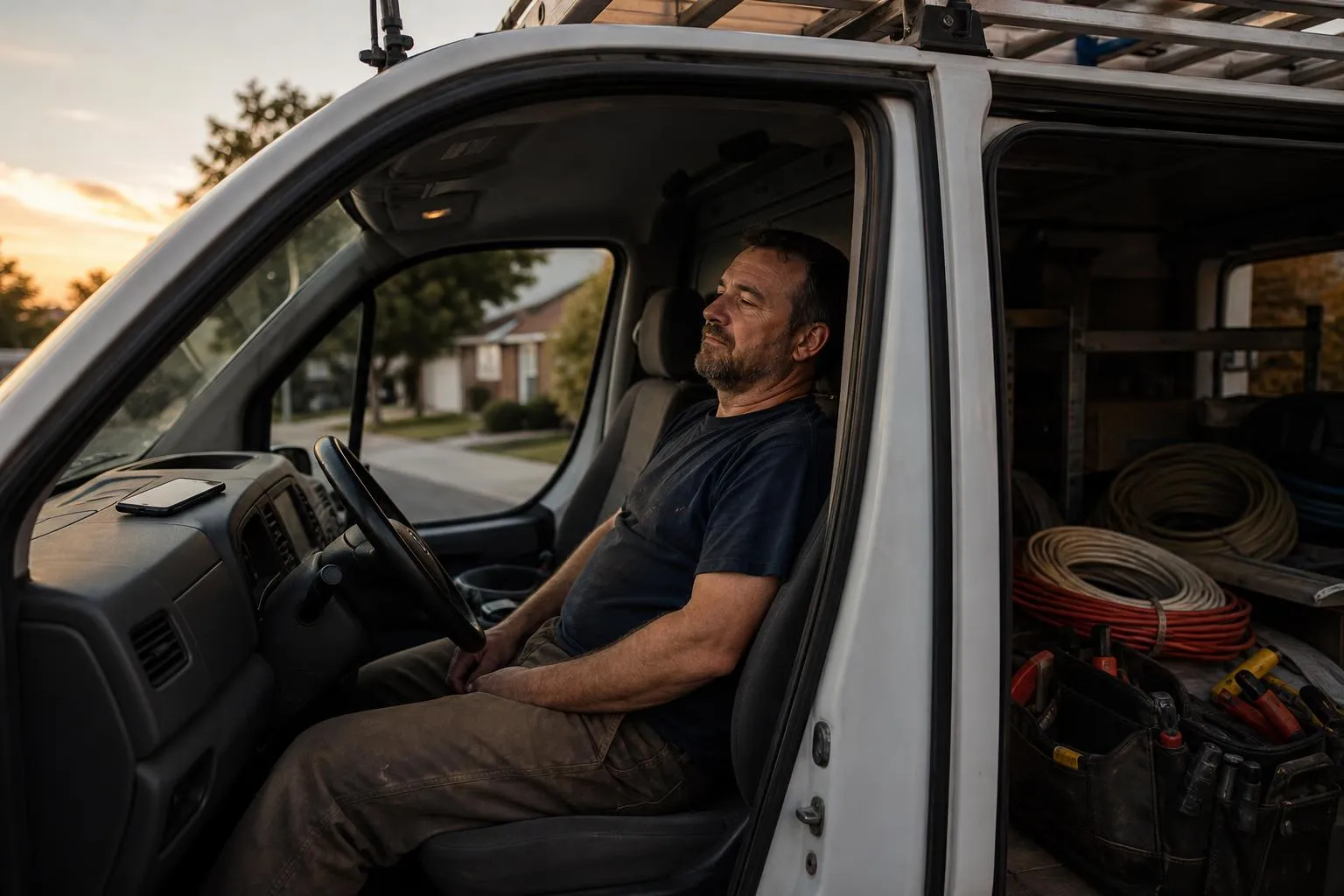 An electrical contractor sits alone in his service van as daylight fades, a silent phone resting on the dashboard beside him, in a natural documentary style.