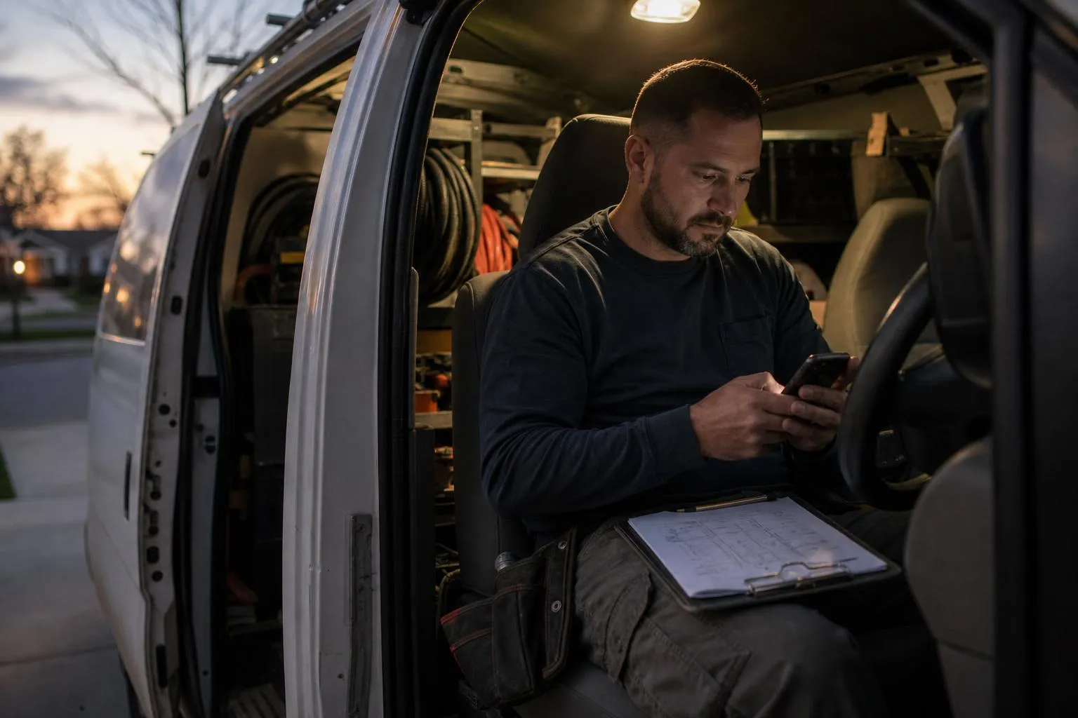 An electrical contractor sitting in his service van at dusk, typing a text message on his phone beside a half-marked panel-upgrade estimate.