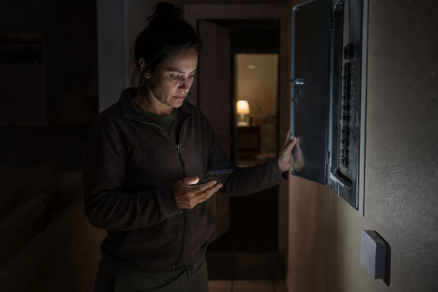 A homeowner stands in a dim hallway at night holding a glowing phone, her other hand near an open breaker panel, photographed in a natural documentary style.