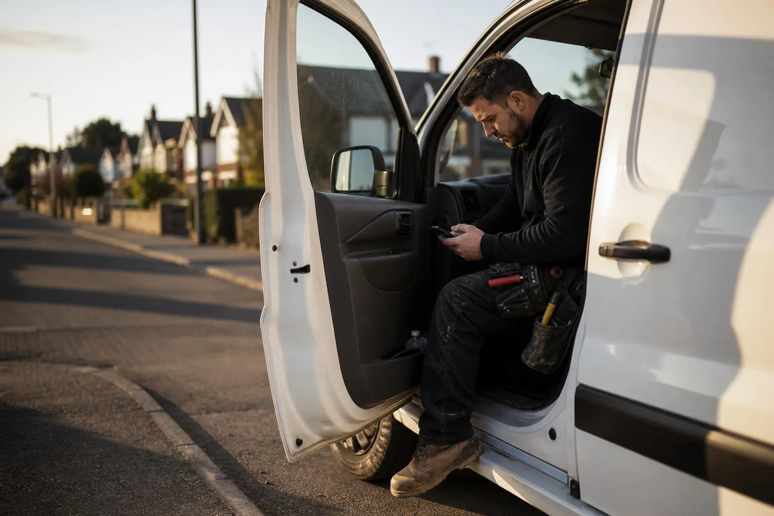 An electrician sits in his parked service van between calls, checking his phone on a quiet suburban street in late afternoon light.