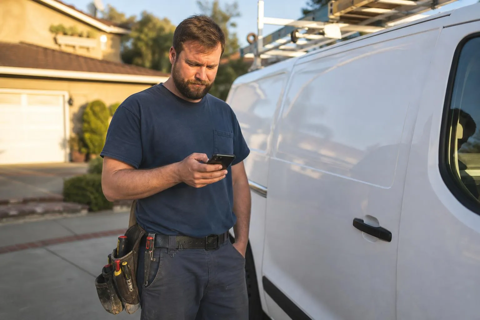 An electrician in plain work clothes stands beside his service van in a suburban driveway, checking his phone and waiting for a page to load, in warm natural documentary light.