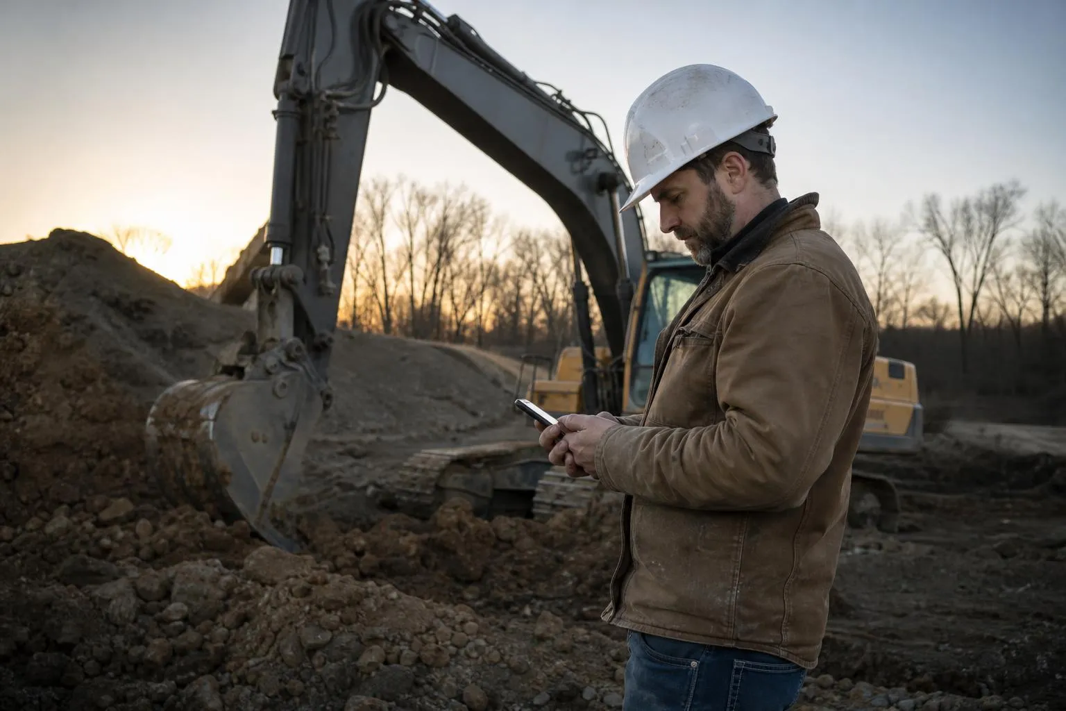 An excavation contractor stands beside a parked excavator on a dirt job site checking a phone in early morning light, in a natural documentary style.