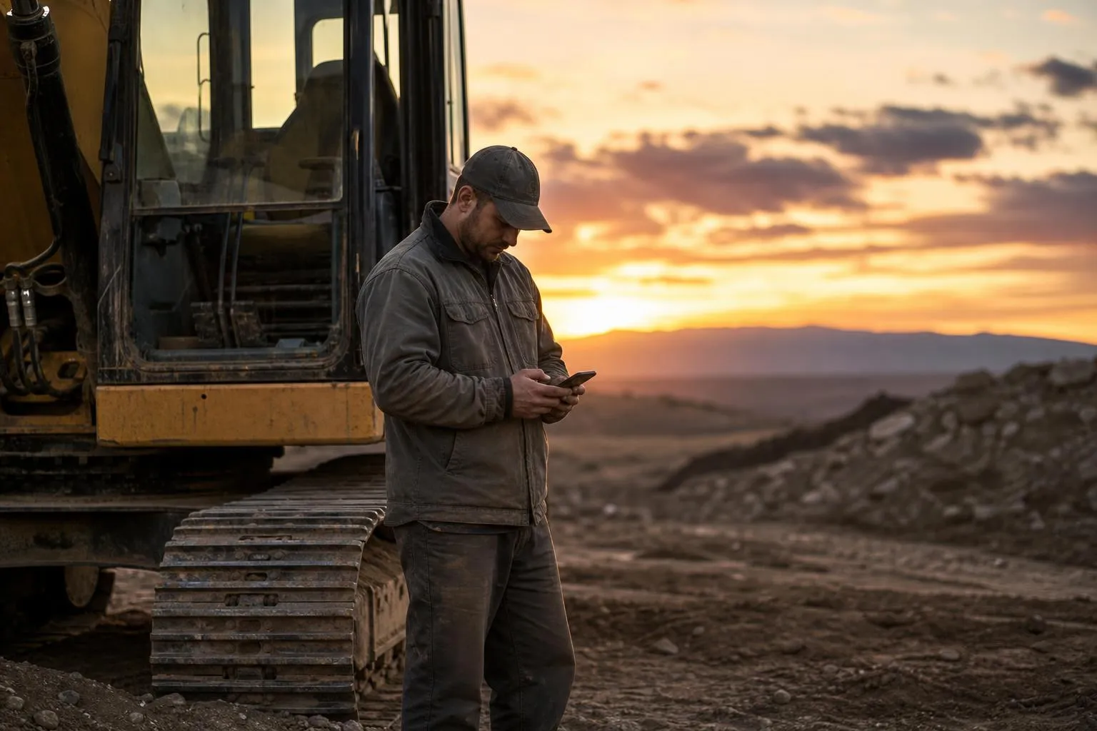 An excavation contractor stands beside a parked excavator at a job site checking his phone at dusk, in a natural documentary style.