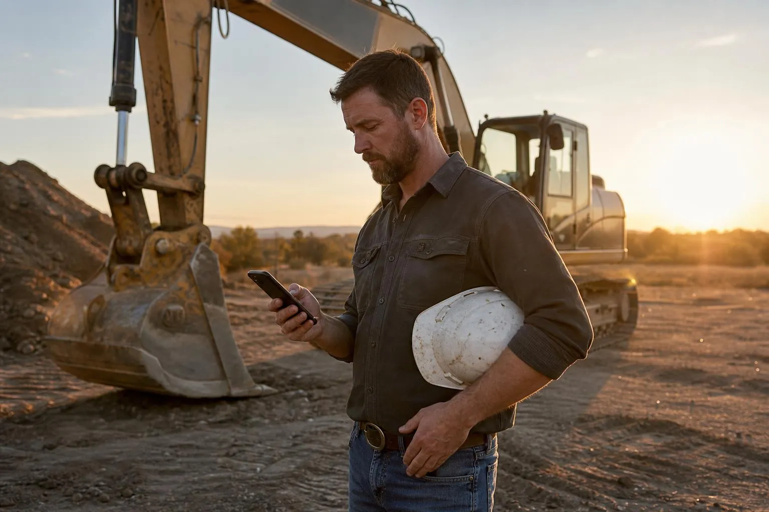 An excavation contractor standing beside a parked excavator at a job site, checking his phone as the sun sets.