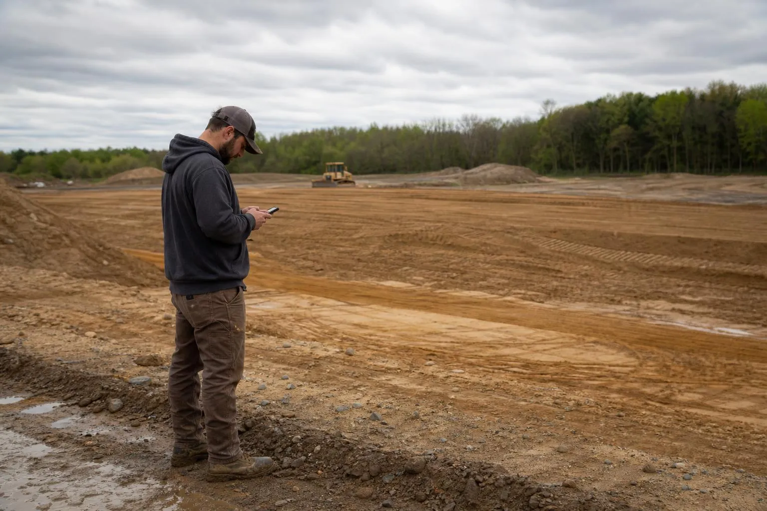 A person in work boots stands at the edge of a cleared dirt lot looking at a phone, photographed in a natural documentary style.