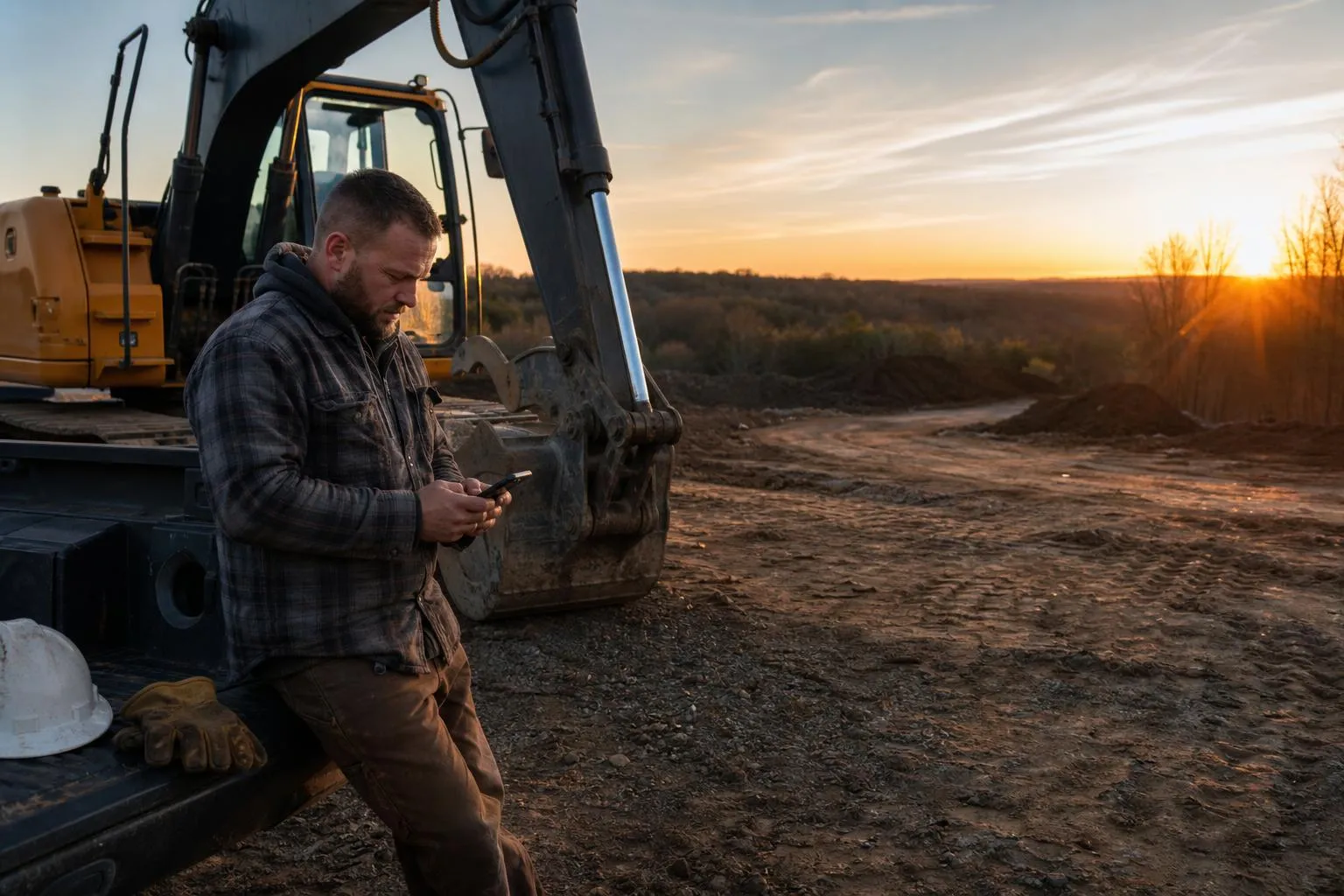 A contractor stands beside a parked excavator at the edge of a cleared lot at sunrise, checking messages on his phone before the crew arrives.