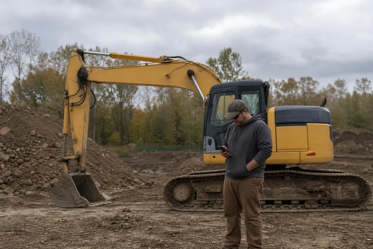 A person in work clothes stands near excavation equipment at a job site, checking a phone, waiting for a page to load, in natural outdoor light.