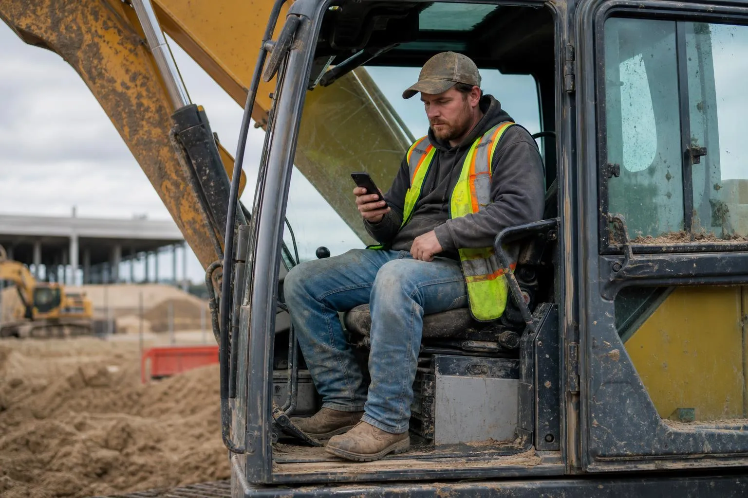 An excavation contractor sits in the cab of a parked excavator on a job site, checking a slow-loading page on his phone with dirt-streaked equipment visible around him, in a natural documentary style.