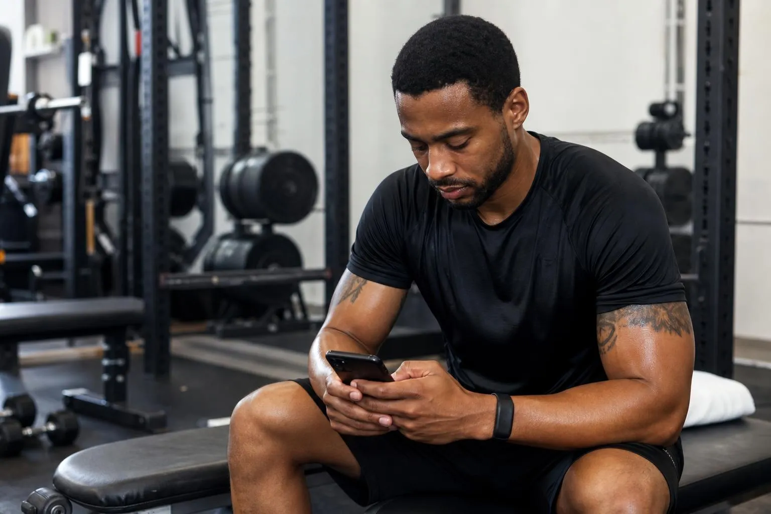 A person sits on a gym bench after a workout scrolling their phone comparing nearby studios, gym floor visible behind them, natural documentary lighting.