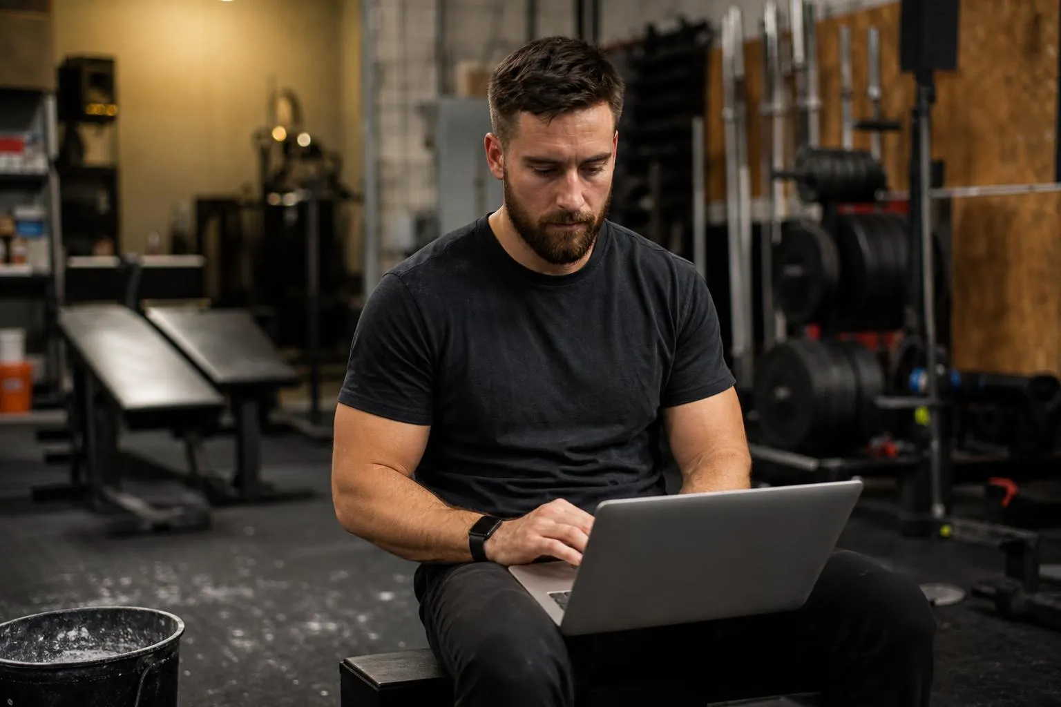 A gym owner alone in the training area after closing, chalk dust on the floor, sitting on a bench checking a laptop under the rack lights.