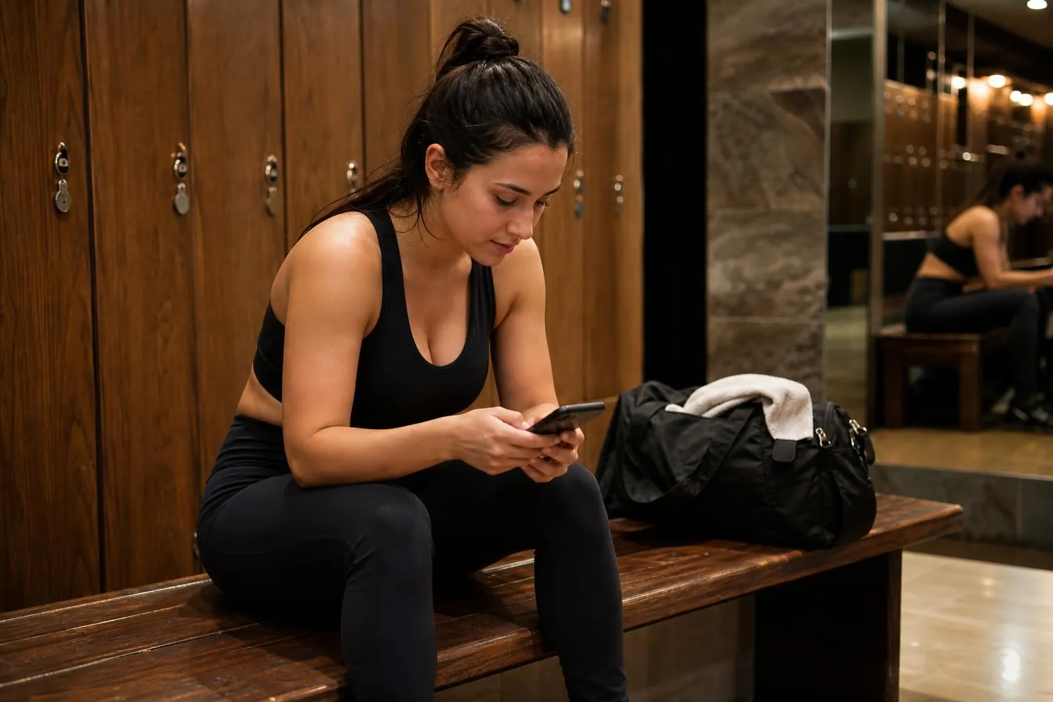 A person sits on a locker room bench in workout clothes scrolling a phone before a class, photographed in a natural documentary style.