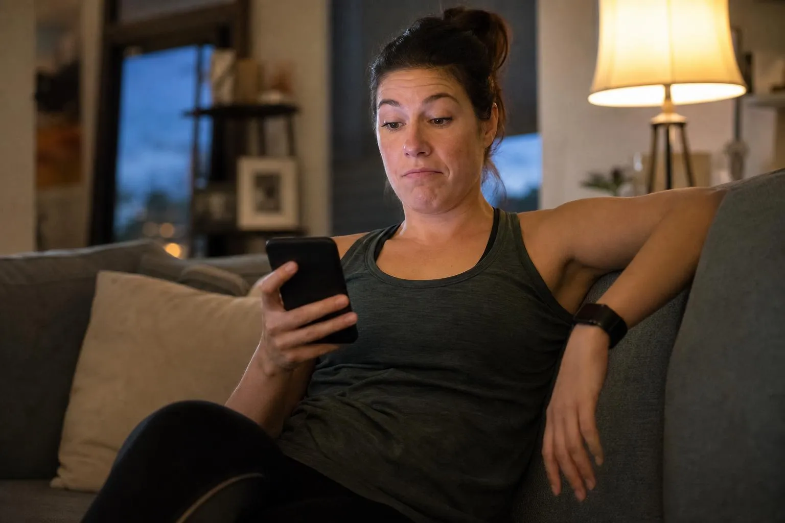 A person in workout clothes sits on a couch in the evening scrolling a phone, waiting for a gym's website to load.