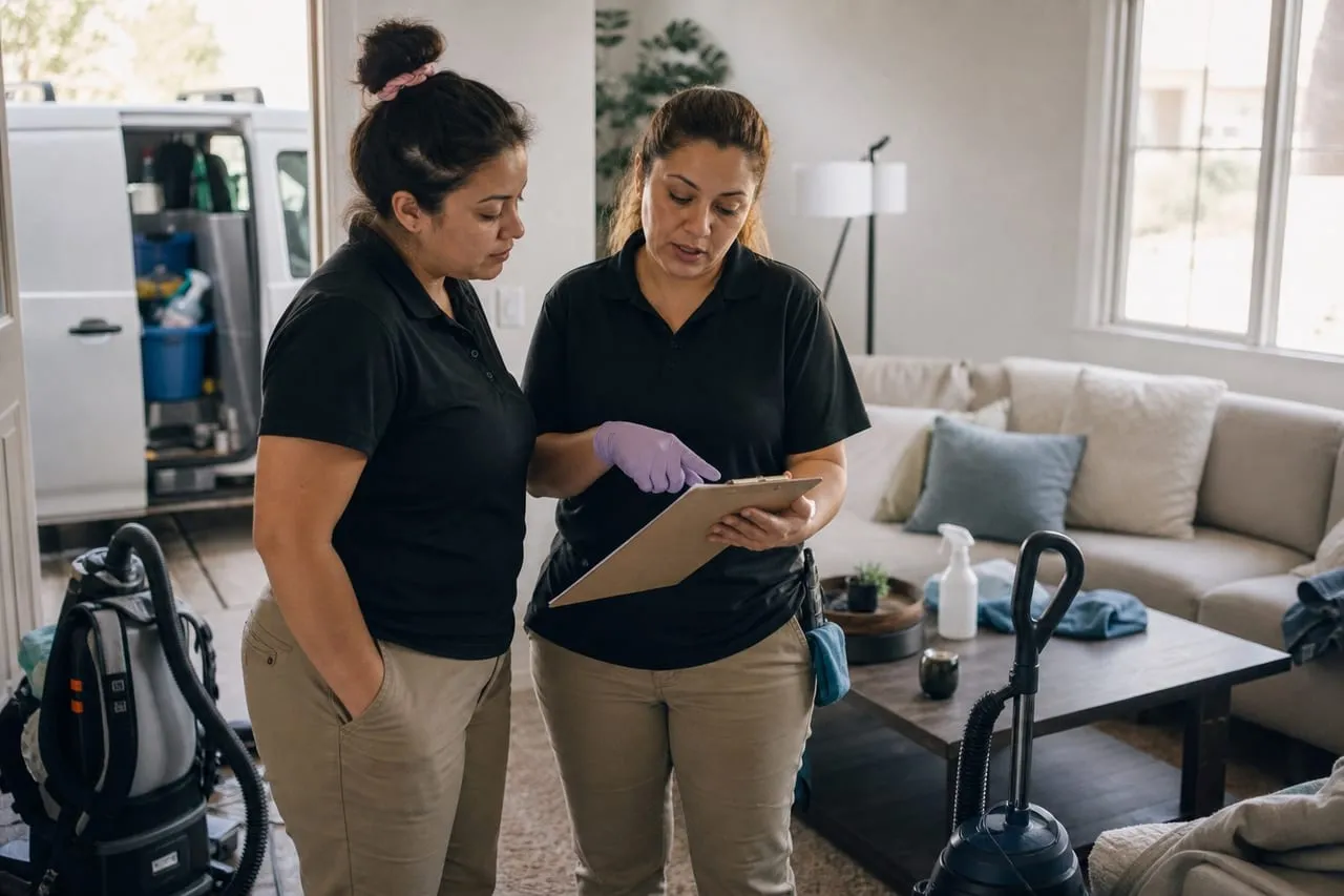 A cleaning business owner walking a new hire through a checklist on a clipboard, in a natural documentary style.
